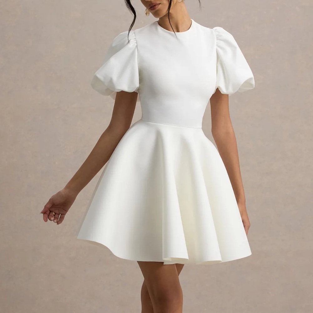 CLUB L. LONDON EMELIA WHITE PUFF-SLEEVE SKATER DRESS - 6